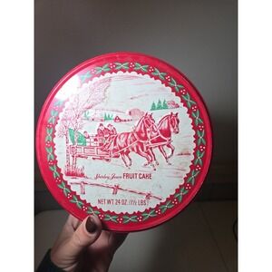 Vintage Shirley Jean Fruit Cake Tin ~ Christmas Holiday Sleigh ~ Empty